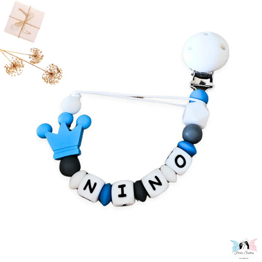 Attache tétine couronne bleue personnalisée avec prénom – garçon – silicone sans BPA